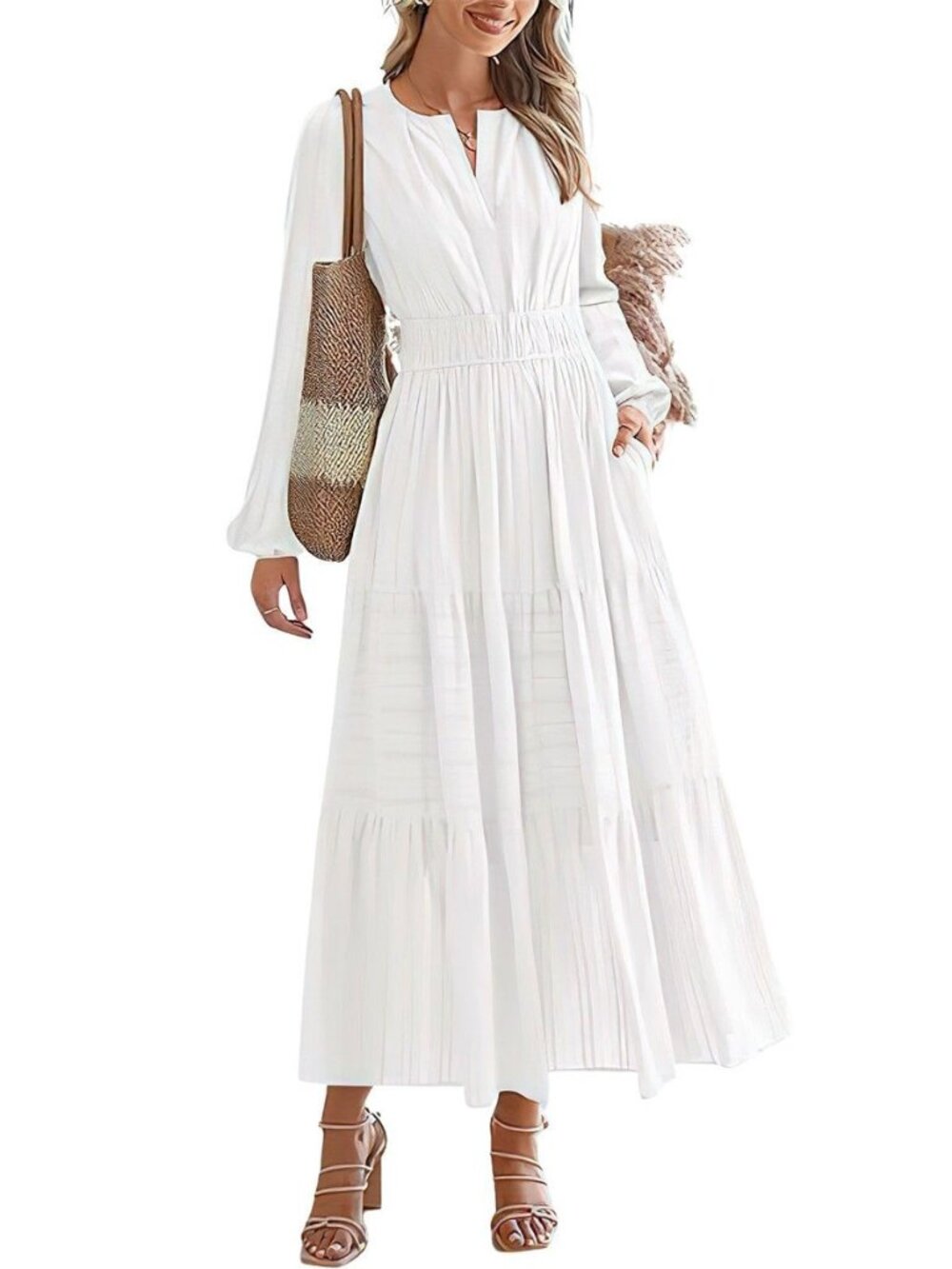 Womens 2026 Spring Cotton Dress Casual Vacation Lantern Sleeve Boho V Neck